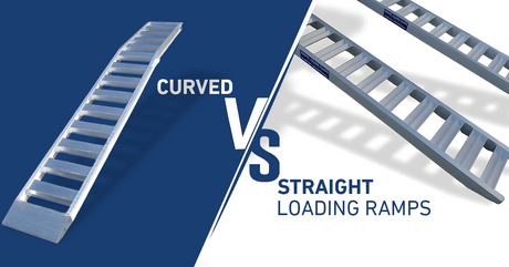 Side-by-side comparison image showing two types of loading ramps. On the left is a set of curved loading ramp." On the right is a set of straight loading ramps with the label "Straight."