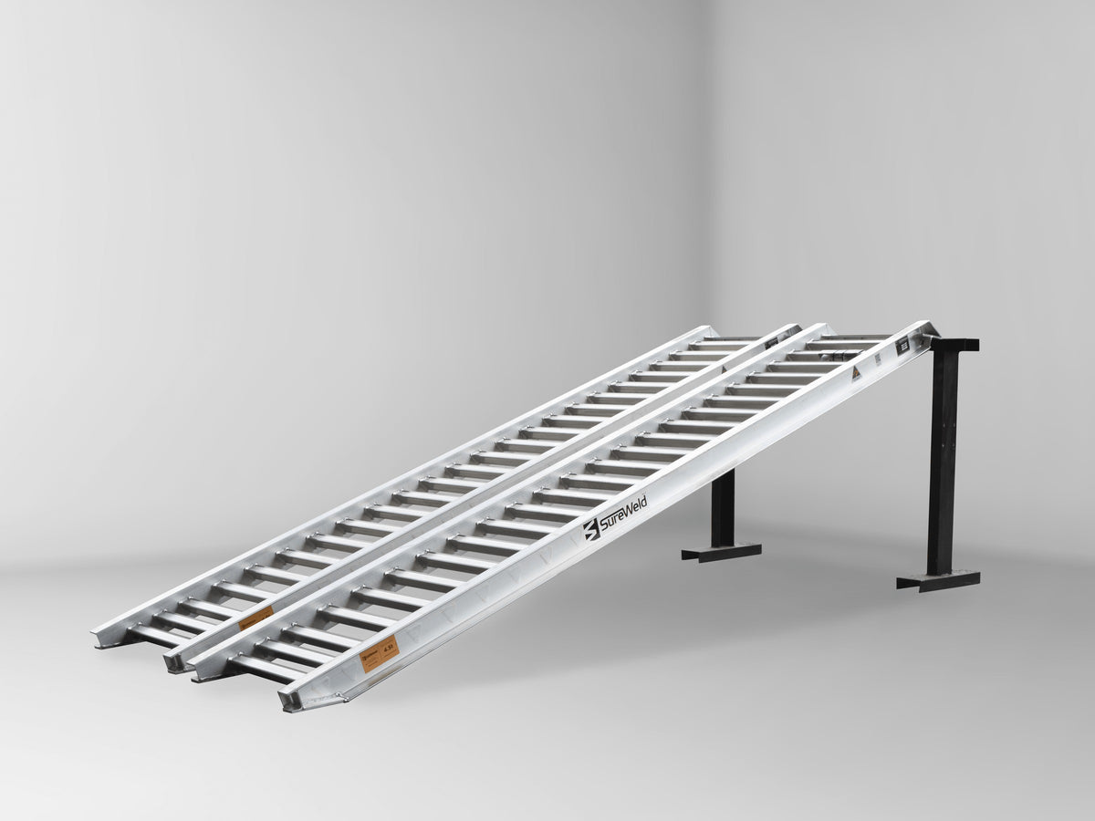 Sureweld Rubber Series aluminium loading ramps, pair, on stands (similar model shown: 4536R)