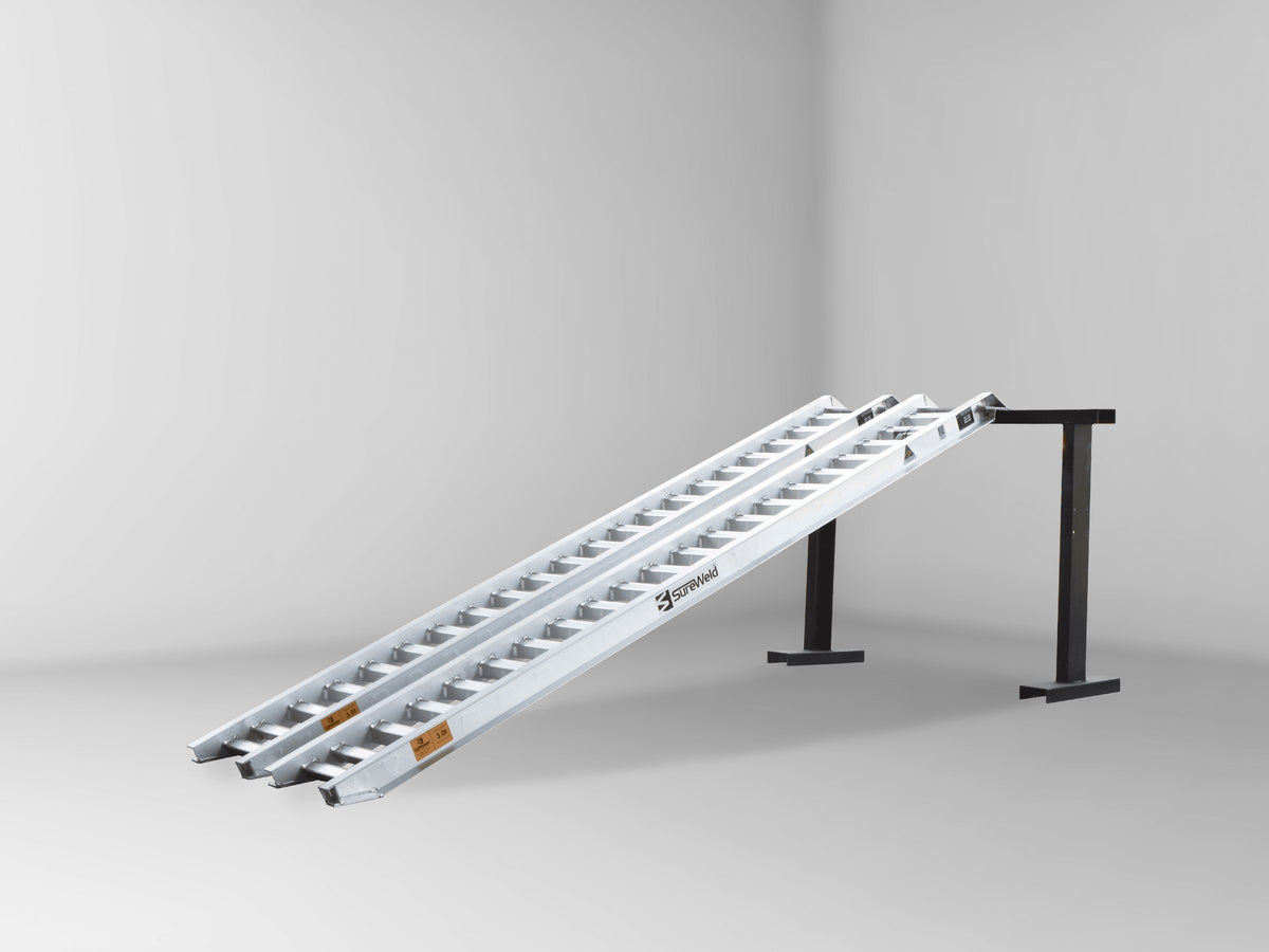 Sureweld 3-Tonne 3.3m x 600mm PT Series Aluminium Loading Ramps, pair, on stands