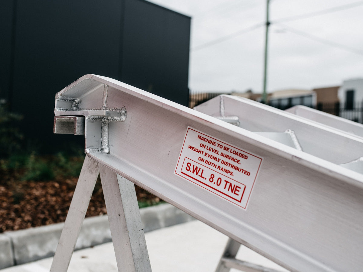 AusRamp 8-tonne ramp hook end on a stand with the S.W.L. 8.0 tonne load decal