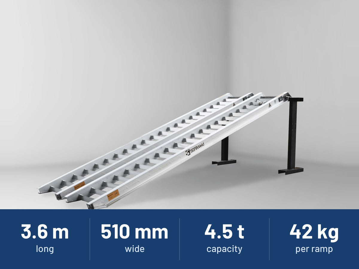 Sureweld 4.5-Tonne 3.6m x 510mm Track Series Aluminium Loading Ramps: 3.6 m long, 510 mm wide, 4.5 t capacity, 42 kg per ramp