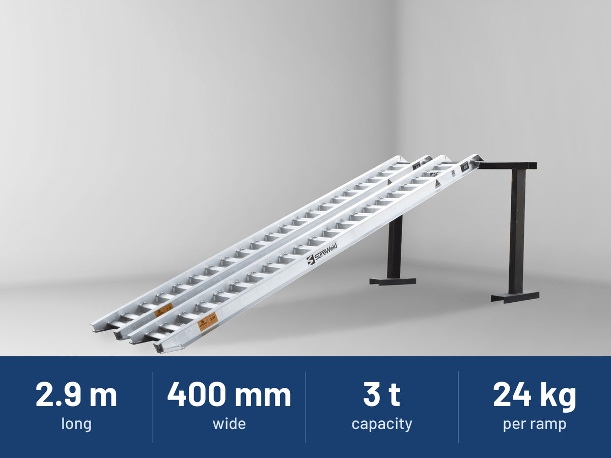 Sureweld 3-Tonne 2.9m x 400mm Rubber Series Aluminium Loading Ramps: 2.9 m long, 400 mm wide, 3 t capacity, 24 kg per ramp