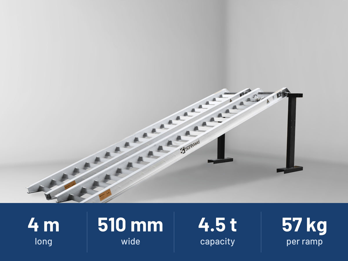 Sureweld 4.5-Tonne 4m x 510mm Track Series Aluminium Loading Ramps: 4 m long, 510 mm wide, 4.5 t capacity, 57 kg per ramp (ramp pictured is the 3.6m model)