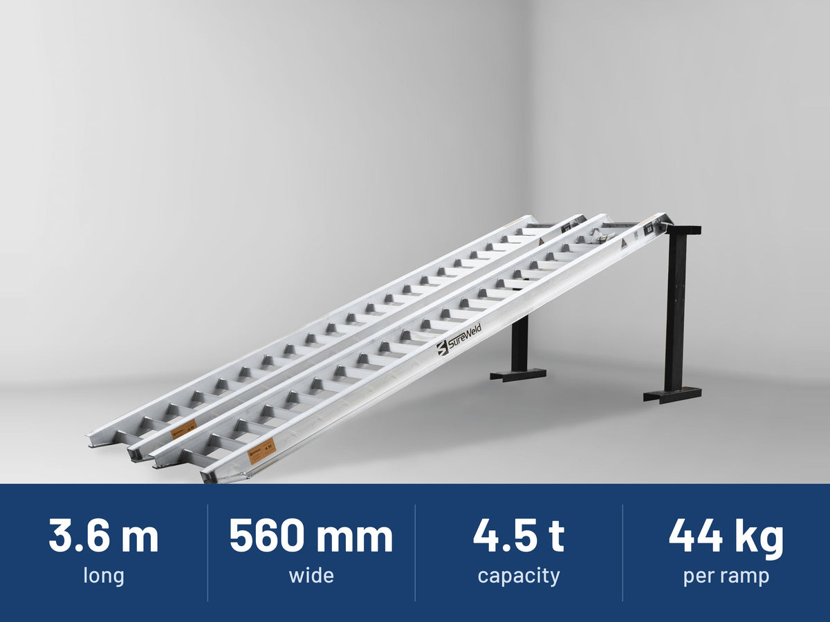 Sureweld 4.5-Tonne 3.6m x 560mm Track Series Aluminium Loading Ramps: 3.6 m long, 560 mm wide, 4.5 t capacity, 44 kg per ramp