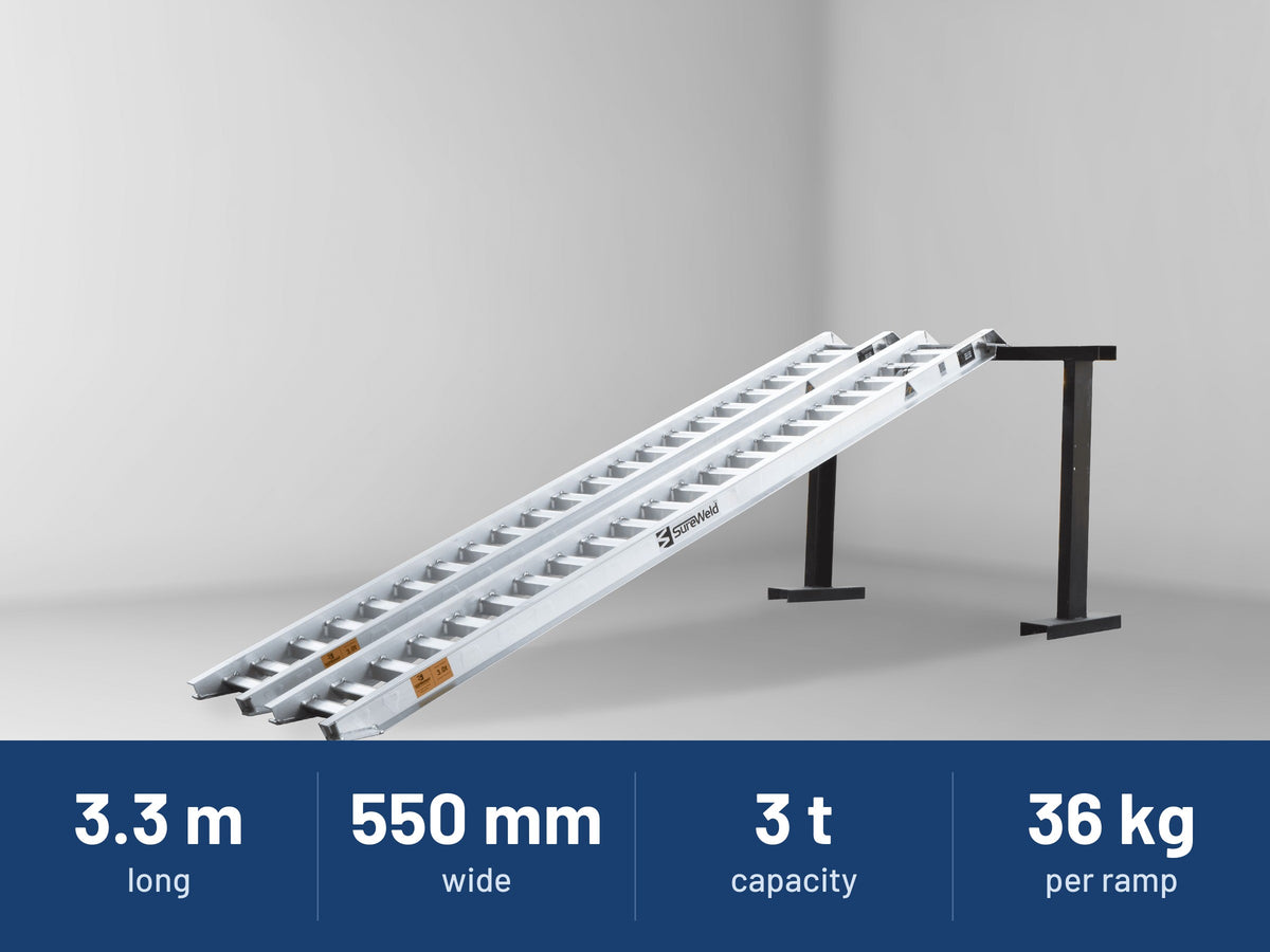 Sureweld 3-Tonne 3.3m x 550mm PT Series Aluminium Loading Ramps: 3.3 m long, 550 mm wide, 3 t capacity, 36 kg per ramp