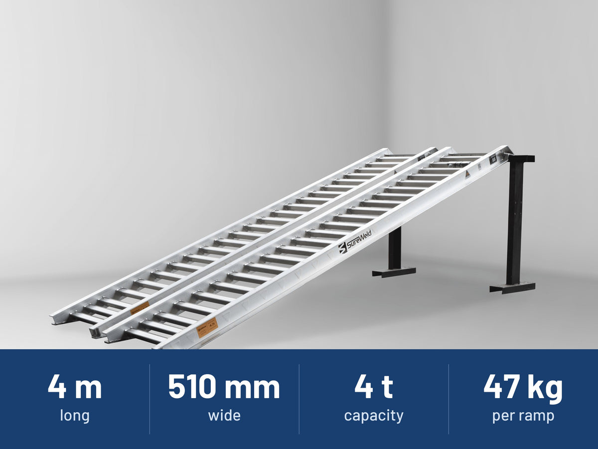 Sureweld 4-Tonne 4m x 510mm Rubber Series Aluminium Loading Ramps: 4 m long, 510 mm wide, 4 t capacity, 47 kg per ramp