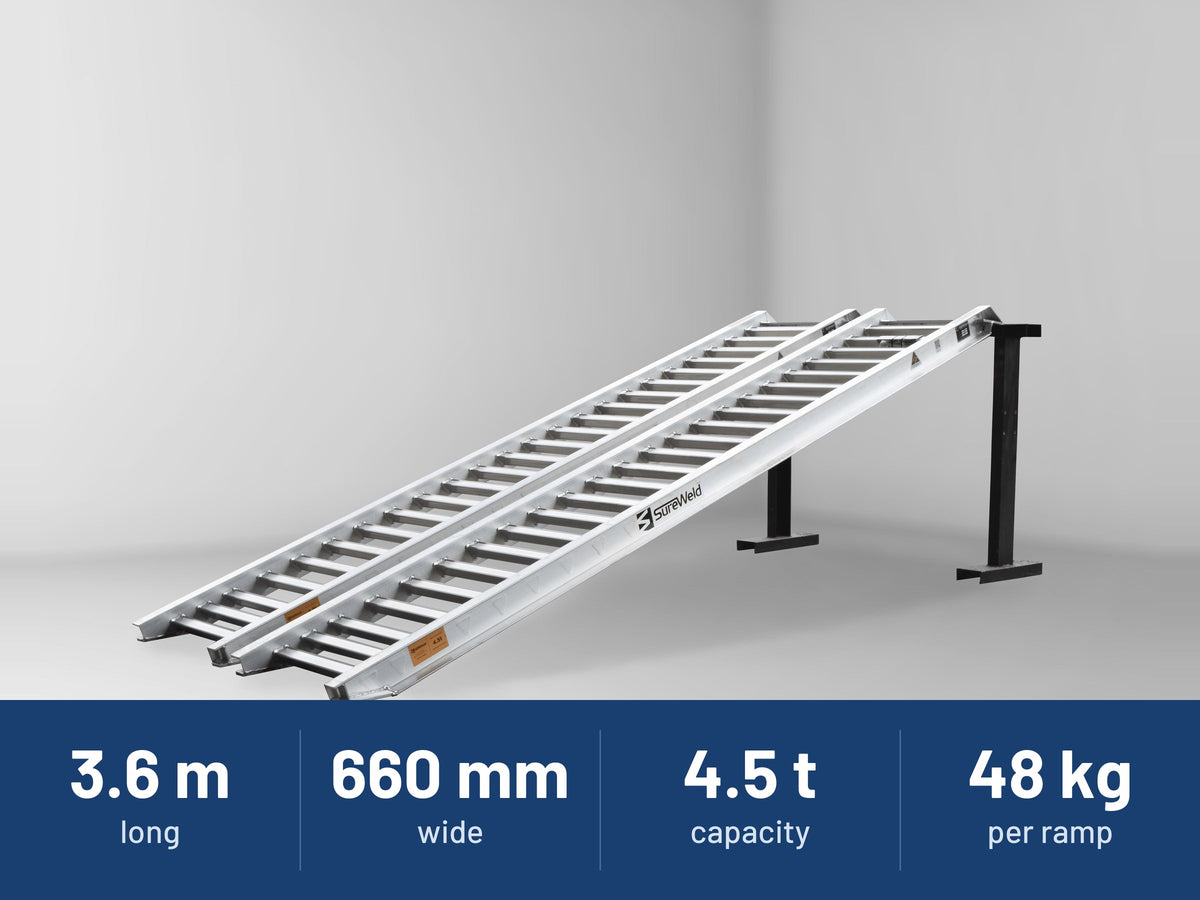 Sureweld 4.5-Tonne 3.6m x 660mm PT Series Aluminium Loading Ramps: 3.6 m long, 660 mm wide, 4.5 t capacity, 48 kg per ramp