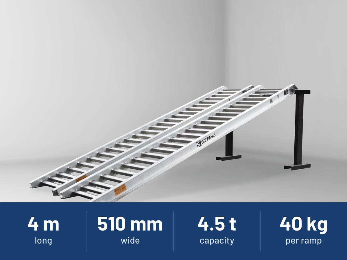 Sureweld 4.5-Tonne 4m x 510mm Rubber Series Aluminium Loading Ramps: 4 m long, 510 mm wide, 4.5 t capacity, 40 kg per ramp