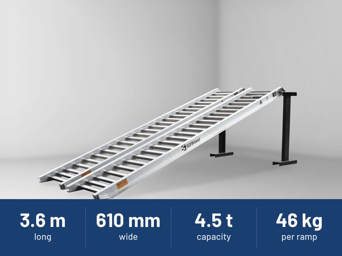 Sureweld PT Series 3.6m ramps: 3.6 m long, 610 mm wide, 4.5 tonne capacity, 46 kg per ramp