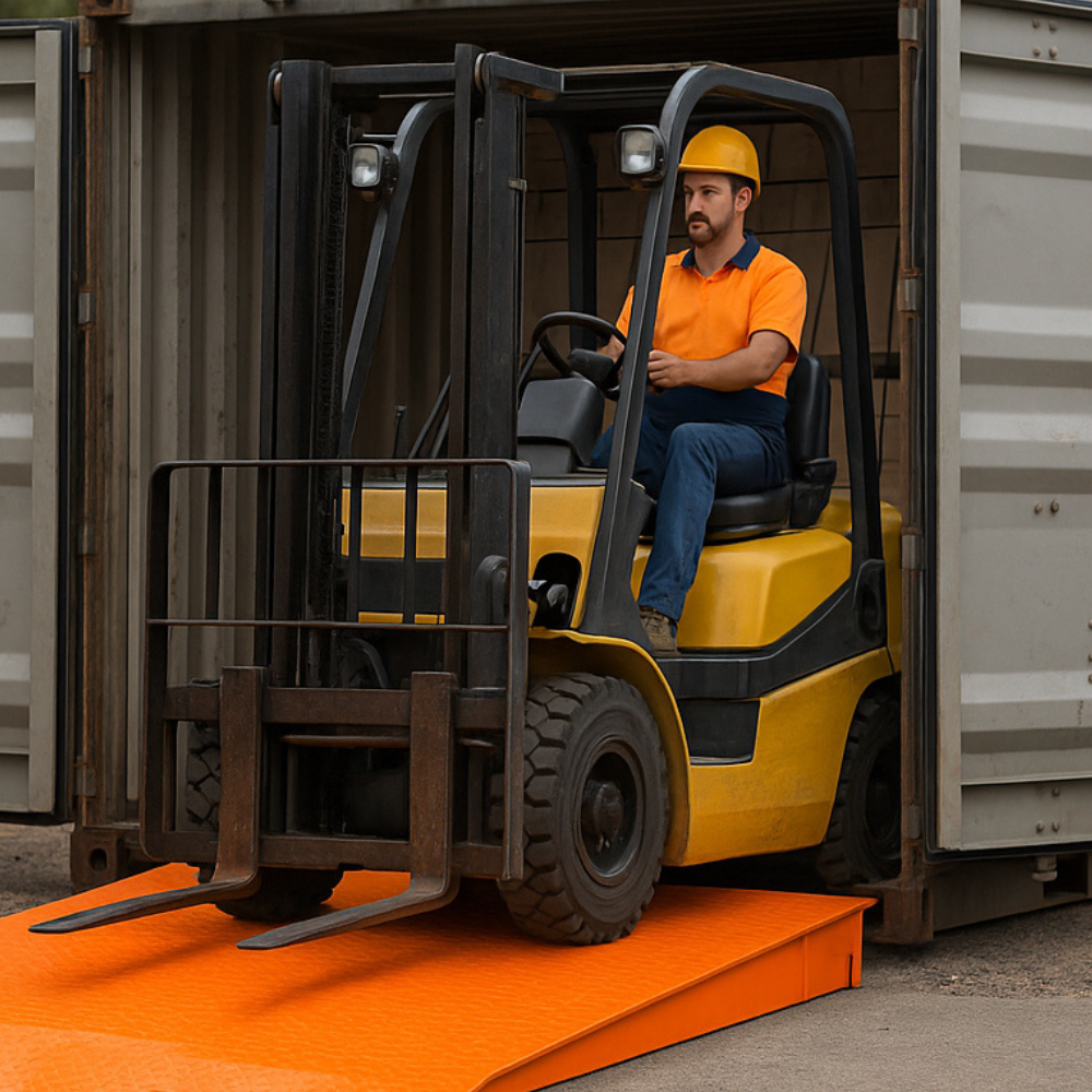Forklift driving up the orange ramp into a shipping container, demonstrating high-capacity loading use.