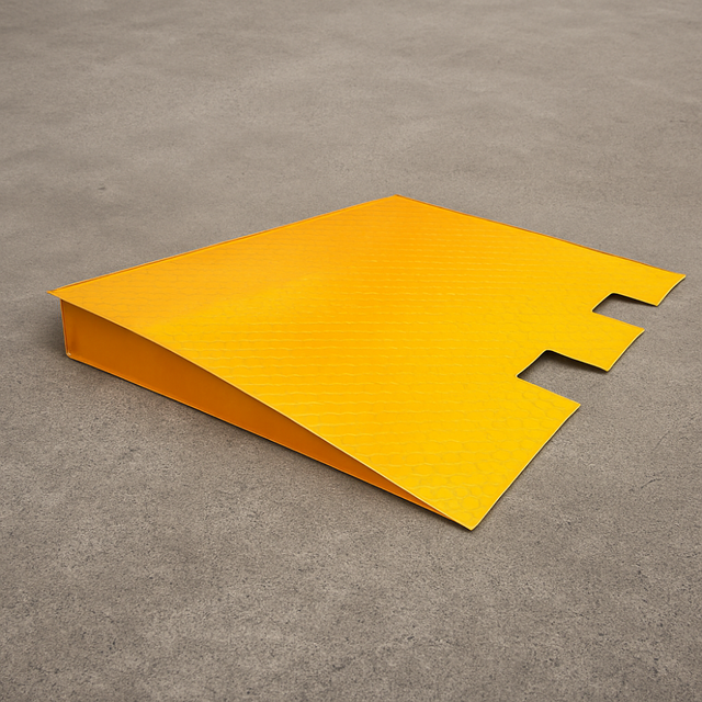 Front angled view of a bright yellow industrial ramp with interlocking edges, placed on concrete flooring.