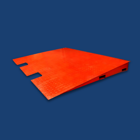 Angled front-left view of a heavy-duty orange steel ramp with interlocking tabs, displayed on a solid blue background.