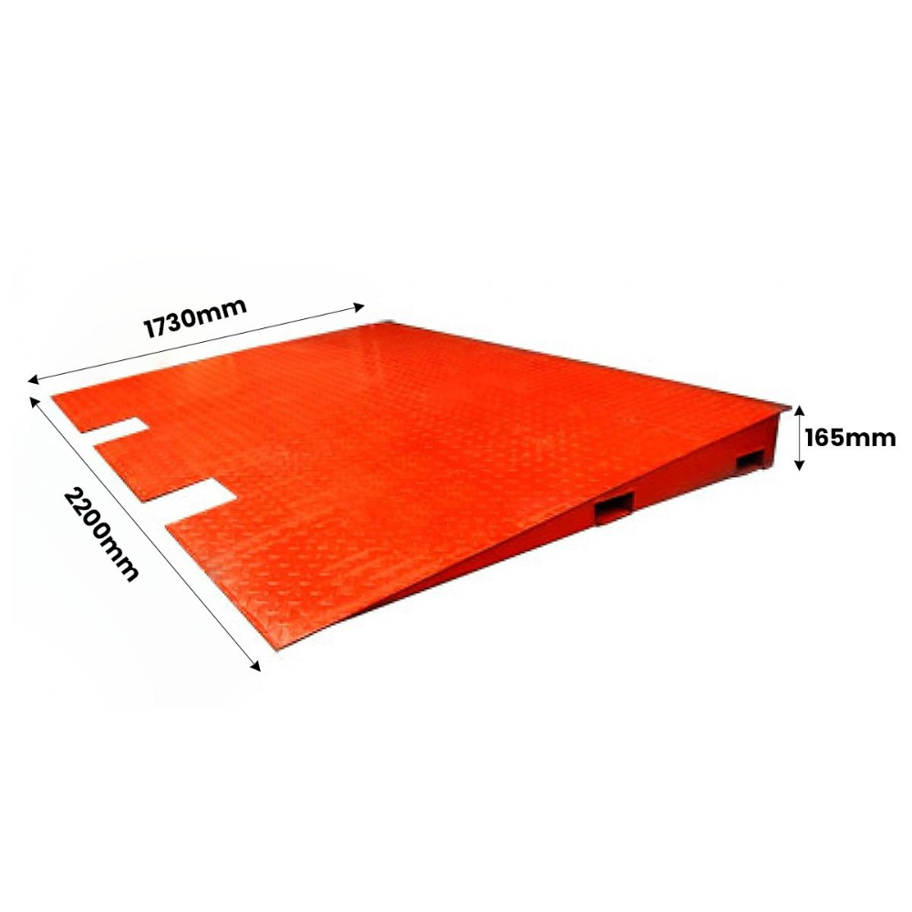 Ramp dimension diagram, labelled with width, depth, and height measurements for specification reference.