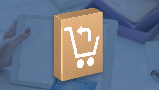 Every Time: A cardboard box with a return arrow symbol, illustrating an easy return process, over a tablet background.