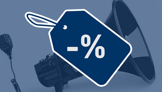 A discount tag icon over a background of a megaphone and communication equipment, indicating a price match guarantee.