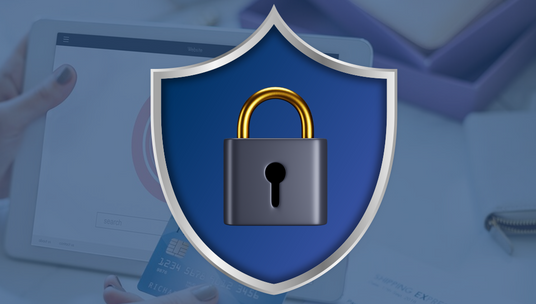 A shield icon with a padlock symbol represents secure online transactions, with a credit card in the background.