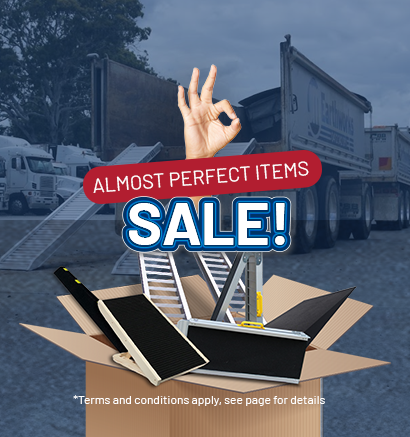 Promotional graphic with 'Almost Perfect Items Sale!' text over a background of trucks and a box with items.