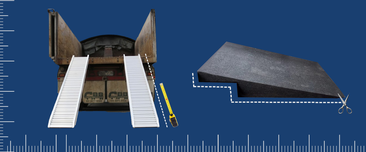A custom ramp solutions banner featuring an aluminium loading ramp attached to a truck and a cut-to-size rubber threshold ramp. Includes measuring tape and scissors, highlighting customisable accessibility options.