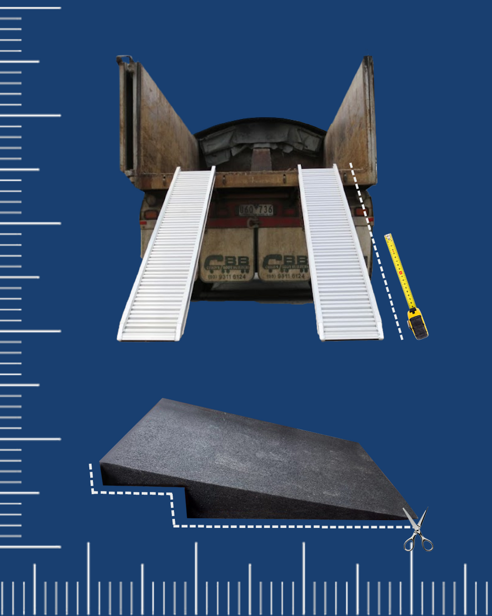 A custom ramp solutions banner featuring an aluminium loading ramp attached to a truck and a cut-to-size rubber threshold ramp. Includes measuring tape and scissors, highlighting customisable accessibility options.