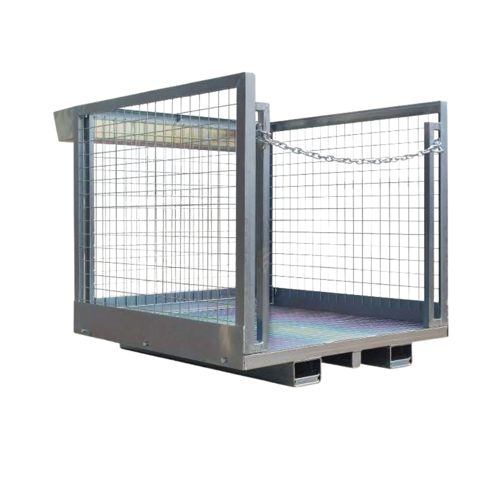 DHE Forklift Stock Picking Cage with a chain gate, providing a secure workspace for elevated stock handling. Durable steel construction for warehouse safety