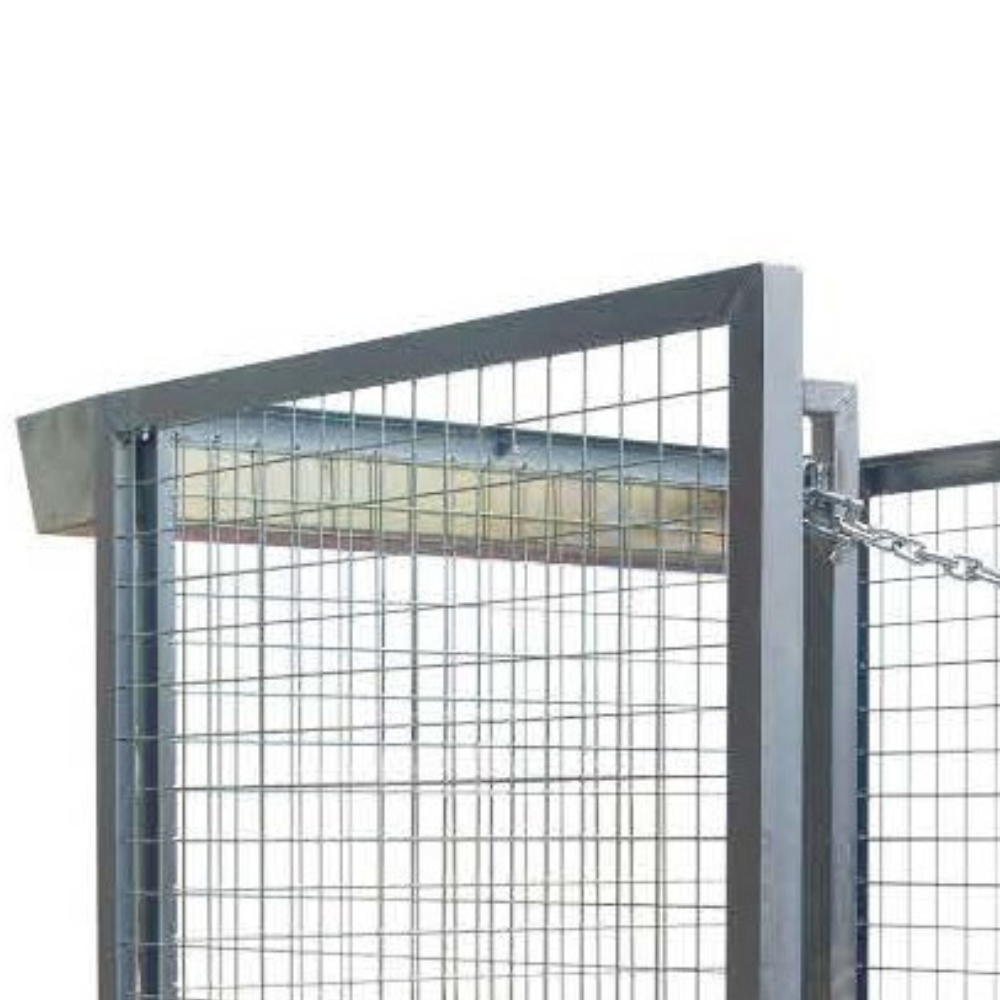 DHE Forklift Stock Picking Cage, highlighting the skid base for forklift compatibility. The open mesh design ensures visibility and ventilation