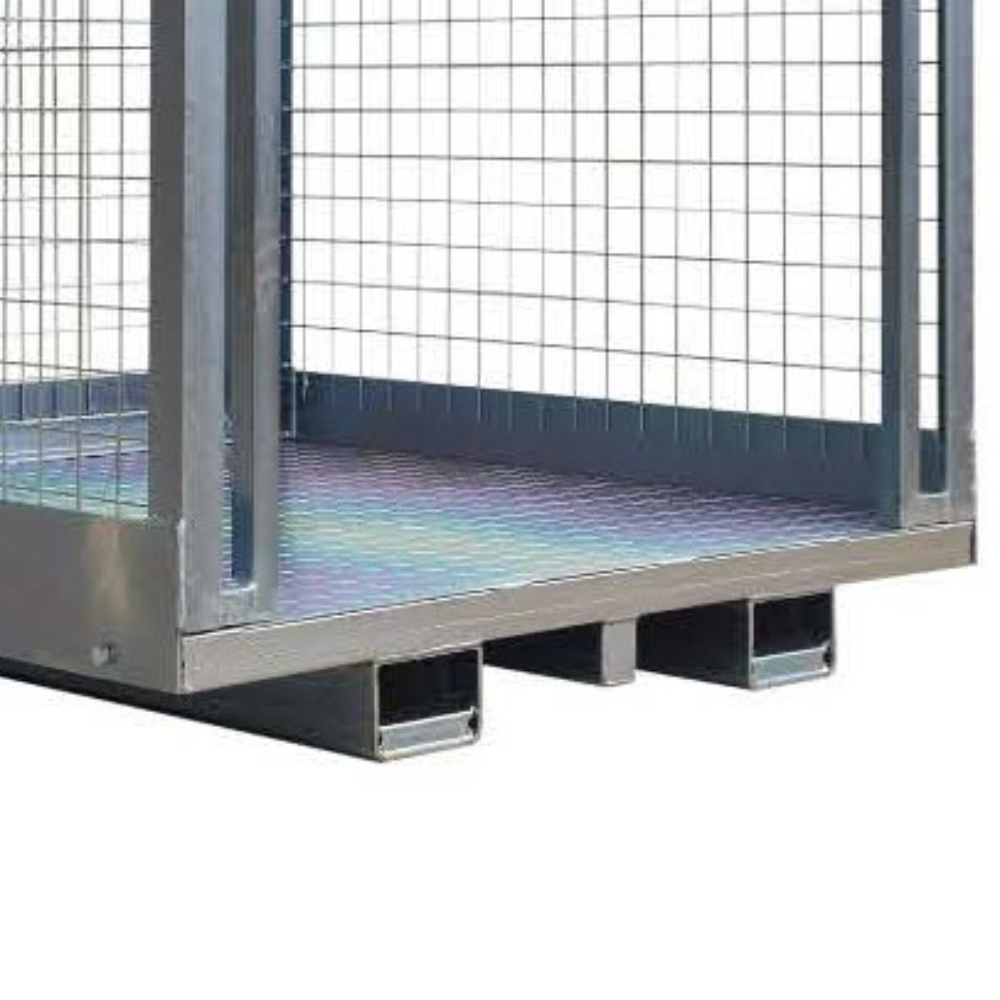 Bottom view of the DHE Forklift Stock Picking Cage, highlighting the skid base for forklift compatibility. The open mesh design ensures visibility and ventilation