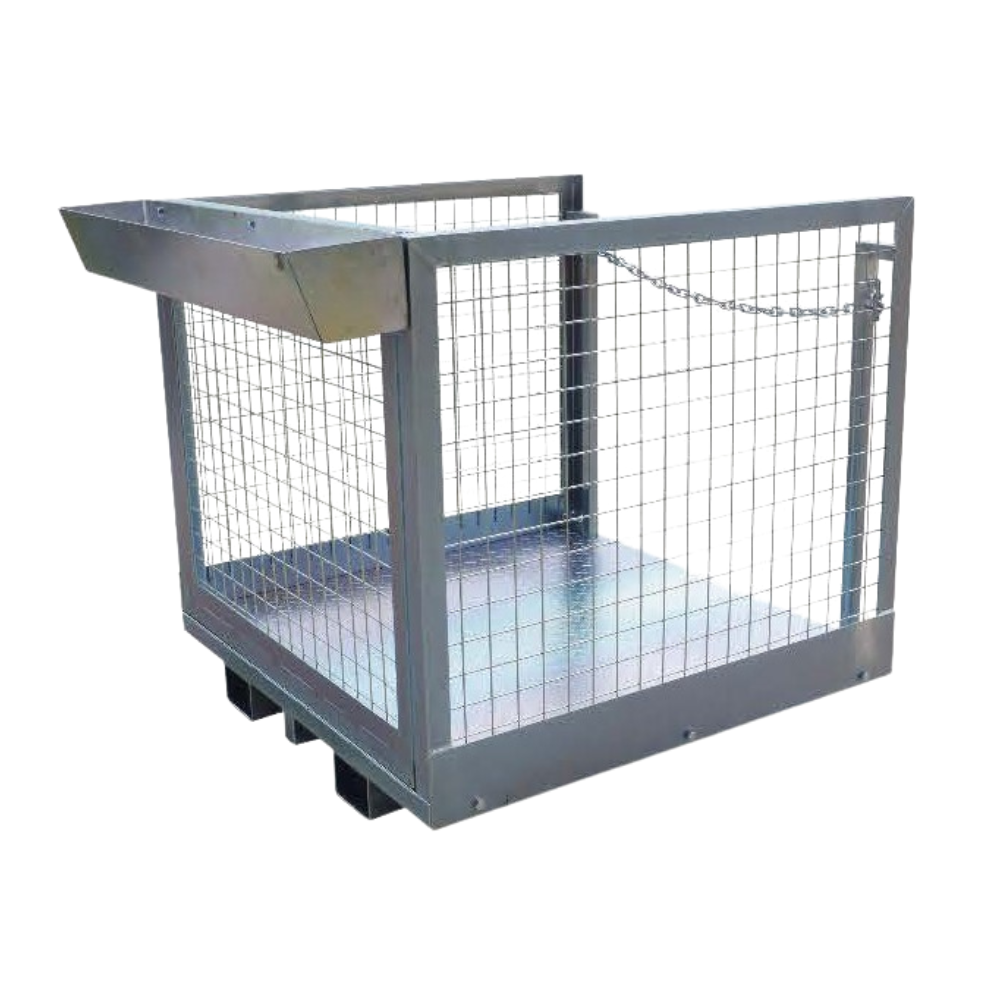 Angled view of the DHE Forklift Stock Picking Cage, highlighting the skid base for forklift compatibility. The open mesh design ensures visibility and ventilation