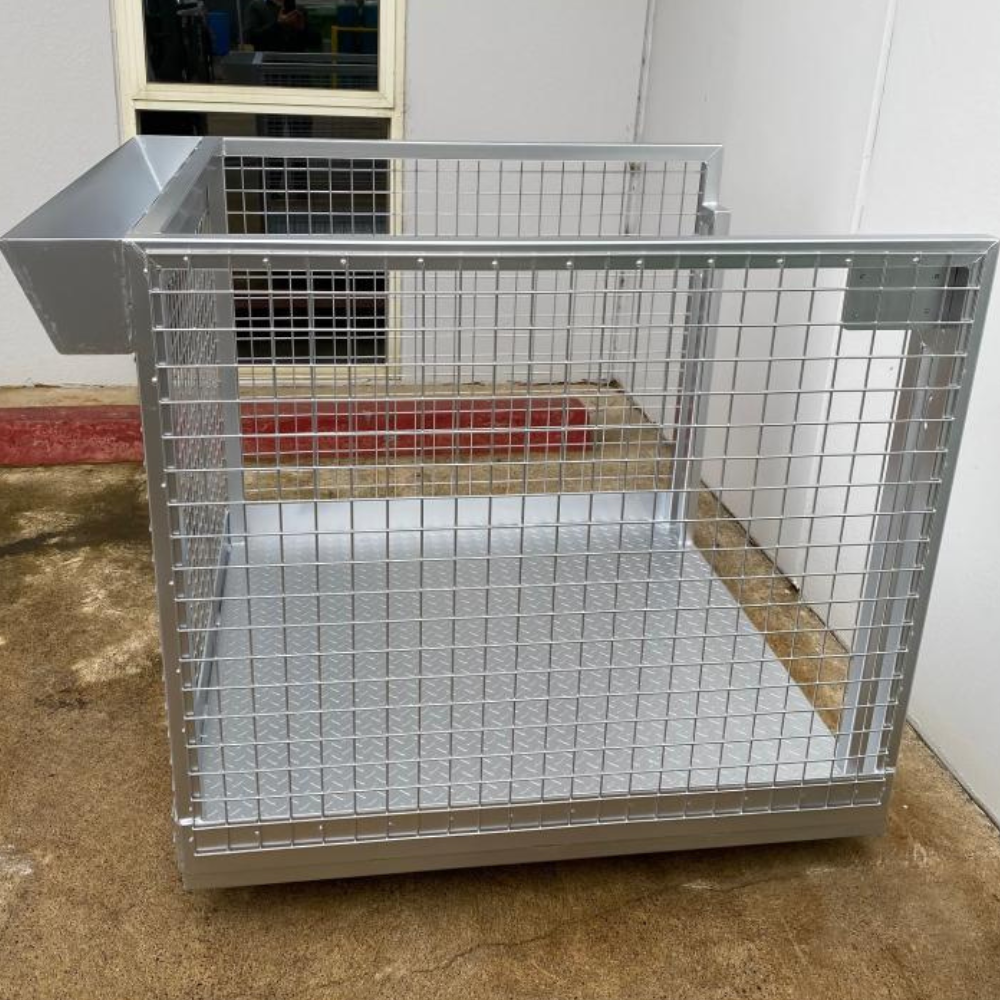 Side view of the DHE Forklift Stock Picking Cage with a sturdy mesh enclosure and skid base for easy forklift operation. Designed for efficient warehouse use
