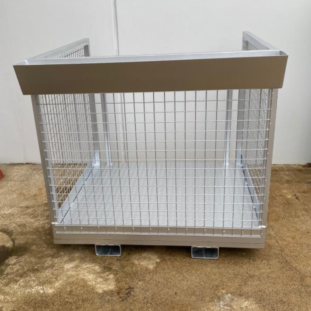 DHE Forklift Stock Picking Cage with a chain gate, providing a secure workspace for elevated stock handling. Durable steel construction for warehouse safety