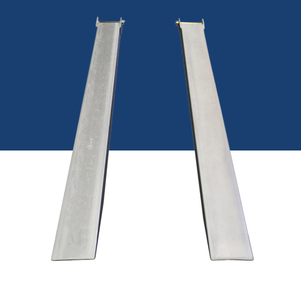 DHE Standard Duty Forklift Slippers - Galvanised Finish
Two silver galvanised steel forklift slippers displayed on a blue and white background, highlighting their corrosion-resistant surface.