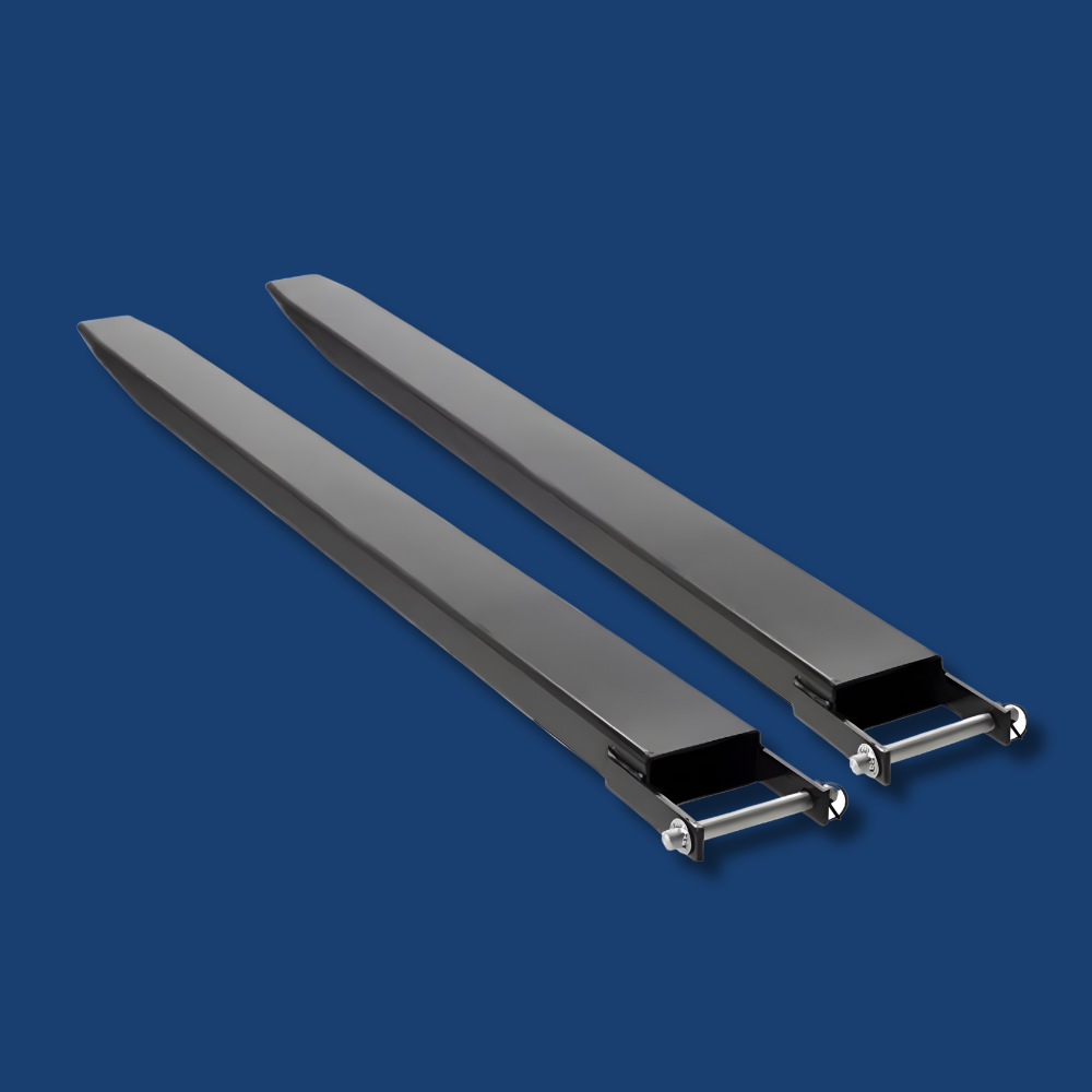 DHE Standard Duty Forklift Slippers - Pair
A pair of black steel forklift slippers with a securing pin mechanism, displayed on a blue background.