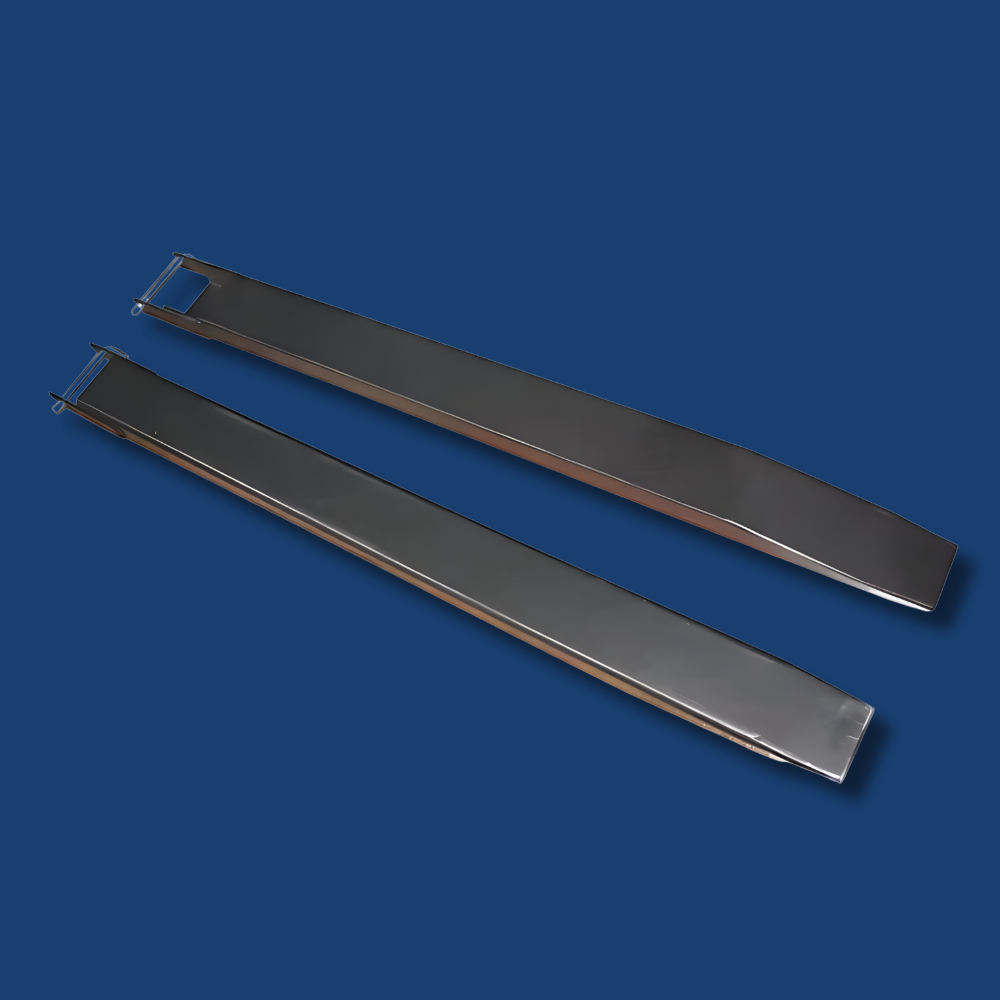 DHE Standard Duty Forklift Slippers - Pair
A pair of black steel forklift slippers with a securing pin mechanism, displayed on a blue background.