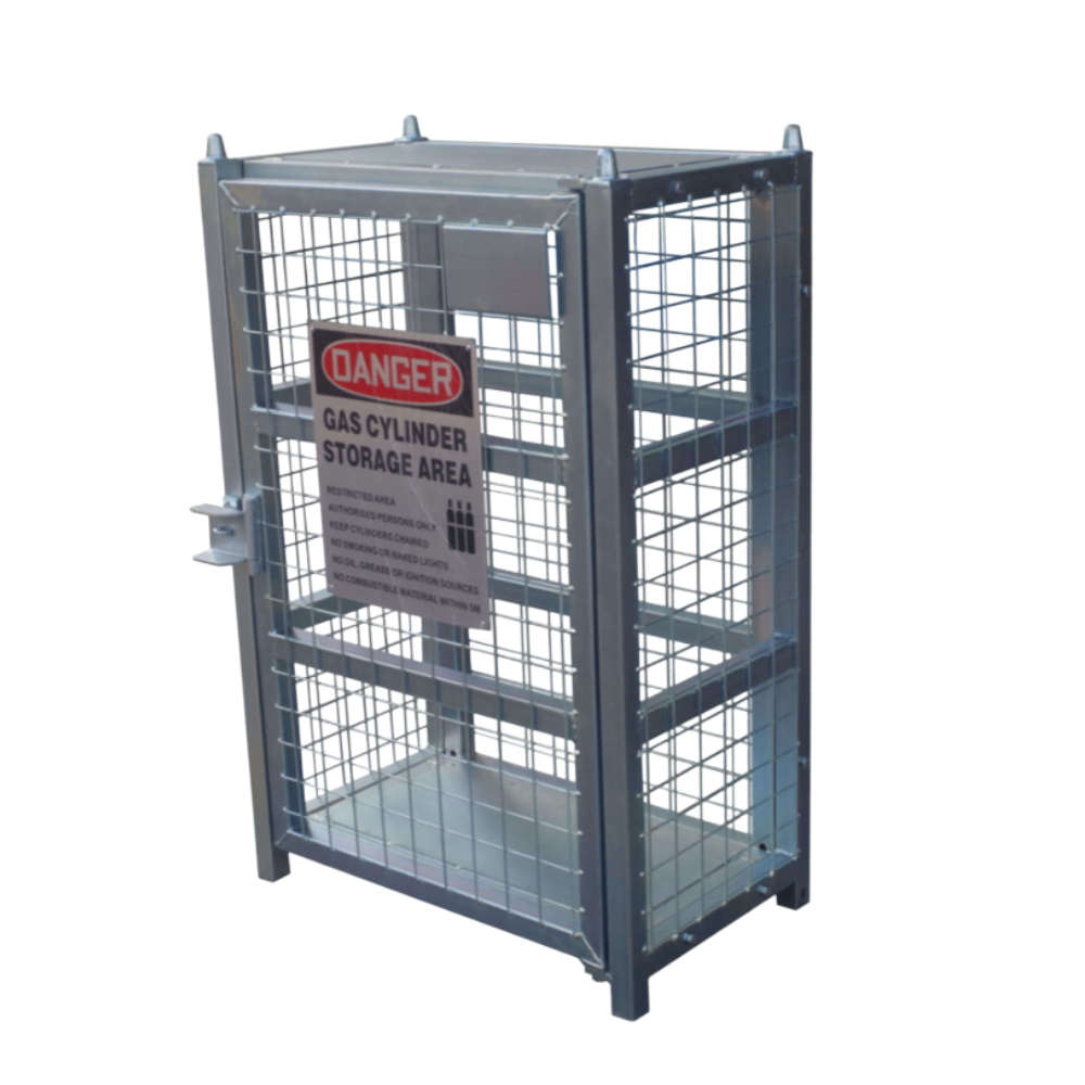 Metal storage cage with a 'Danger' sign in front on a white background