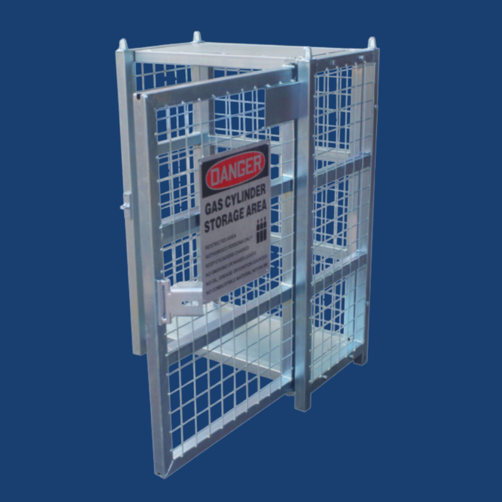 Metal storage cage with a 'Danger' sign on the front on a blue background