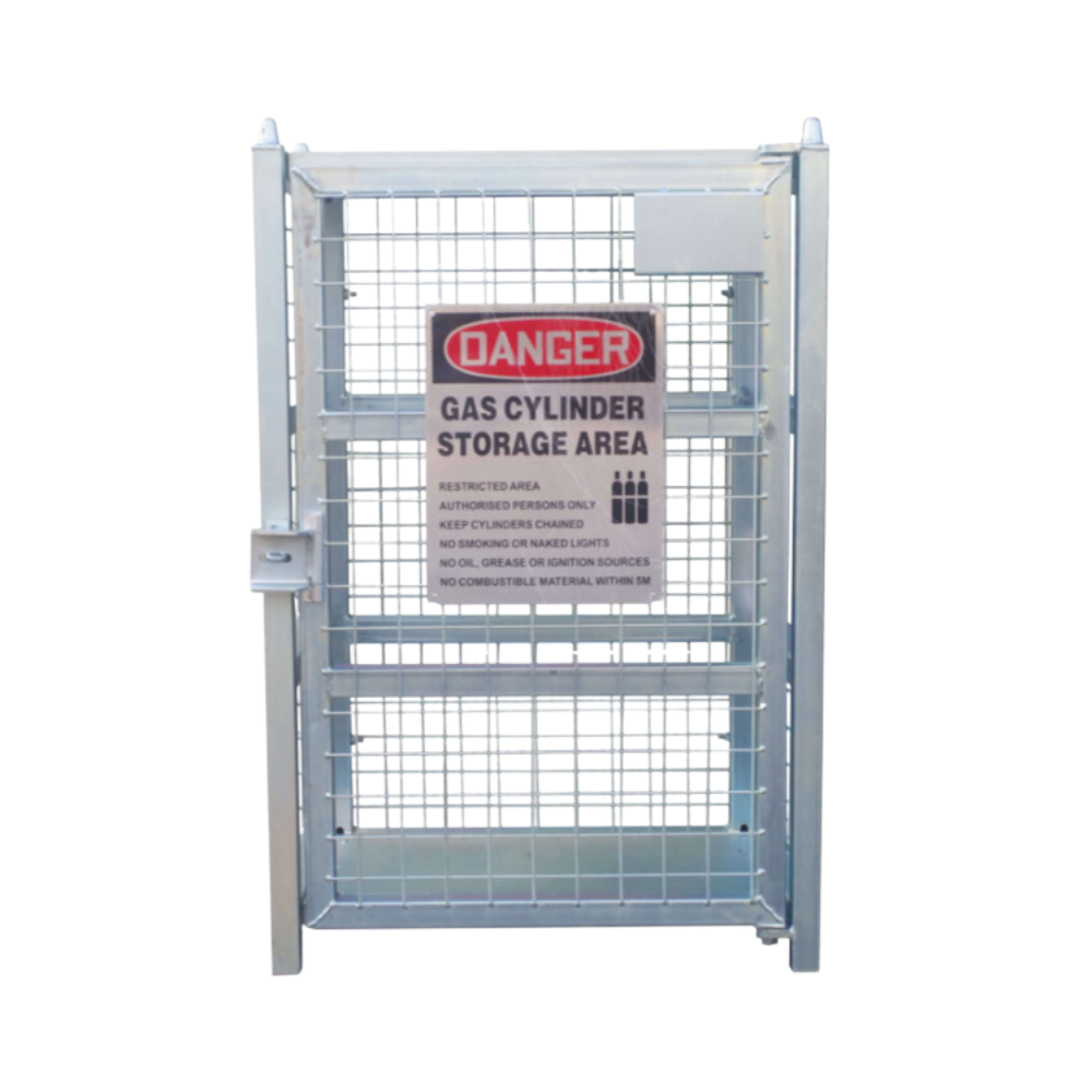 Metal gas cylinder storage cage with warning sign on a white background
