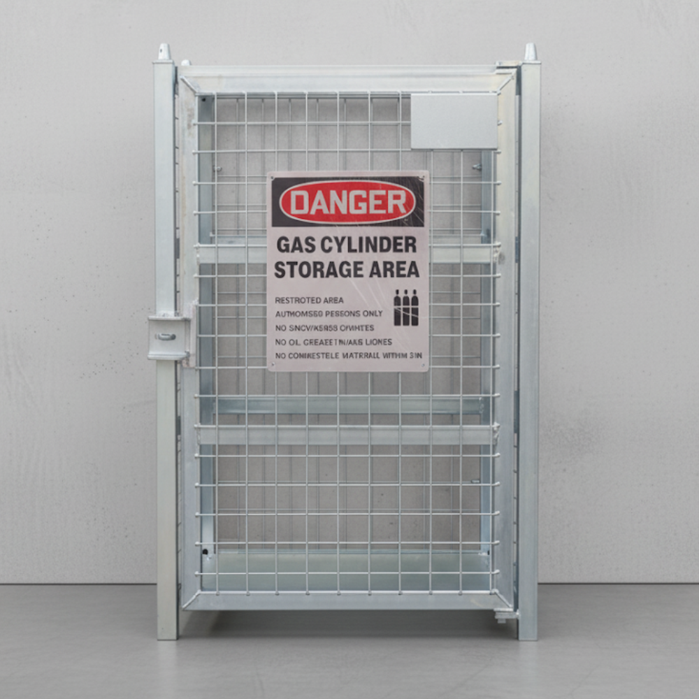 Metal gas cylinder storage cage with a 'Danger' sign on front on a gray background wall