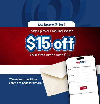 Promotional graphic with $15 off offer for signing up to a mailing list, featuring an envelope and smartphone with a form.