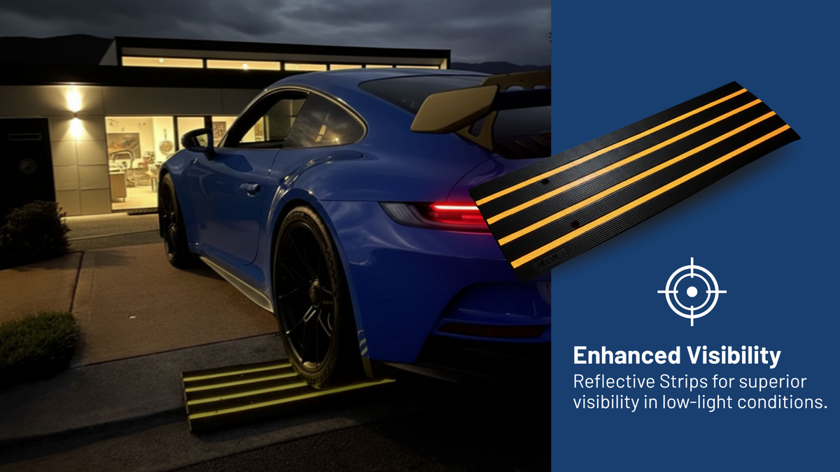 Low-profile rolled-edge kerb ramp with night reflectors for safer driveways