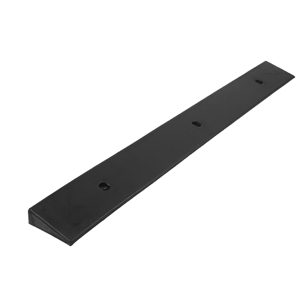 Angled view of a black rubber threshold ramp, showing its tapered edges and pre-drilled mounting holes.