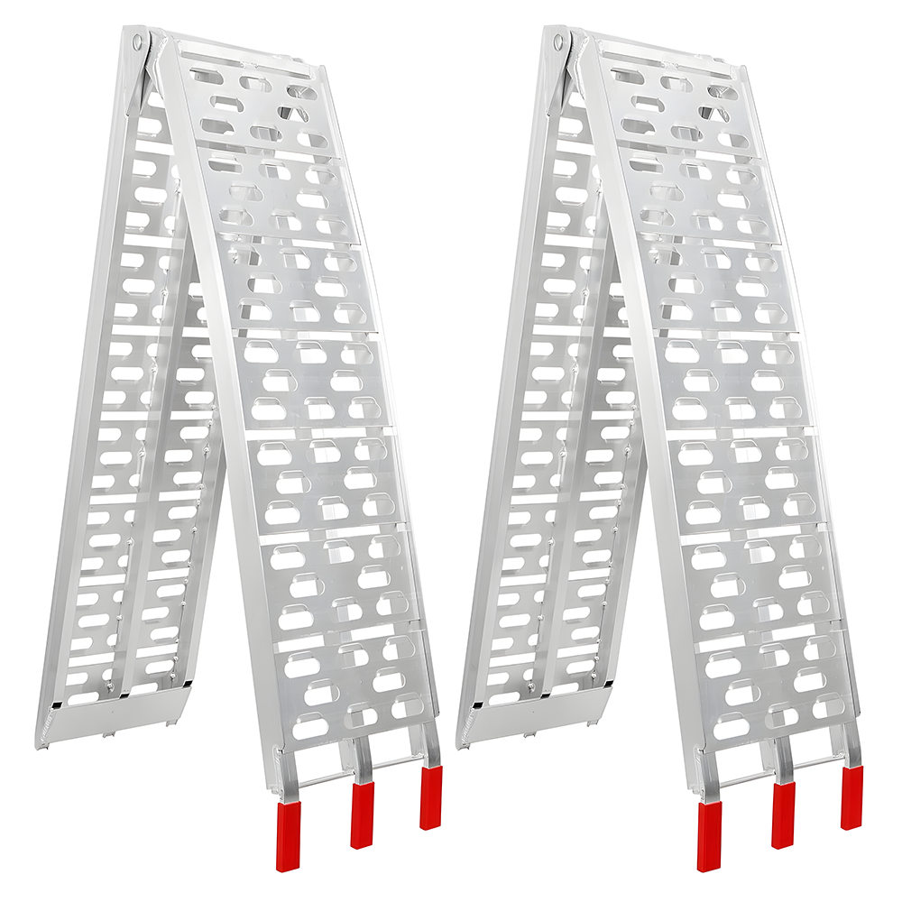 Two aluminium folding ramps displayed side by side in a freestanding position, showcasing their design and red-tipped safety ends.