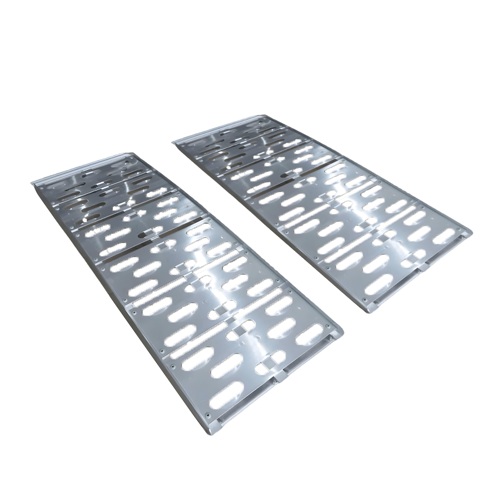 Pair of Heeve Aluminium Curved Non-Folding Loading Ramps laid flat on a white background