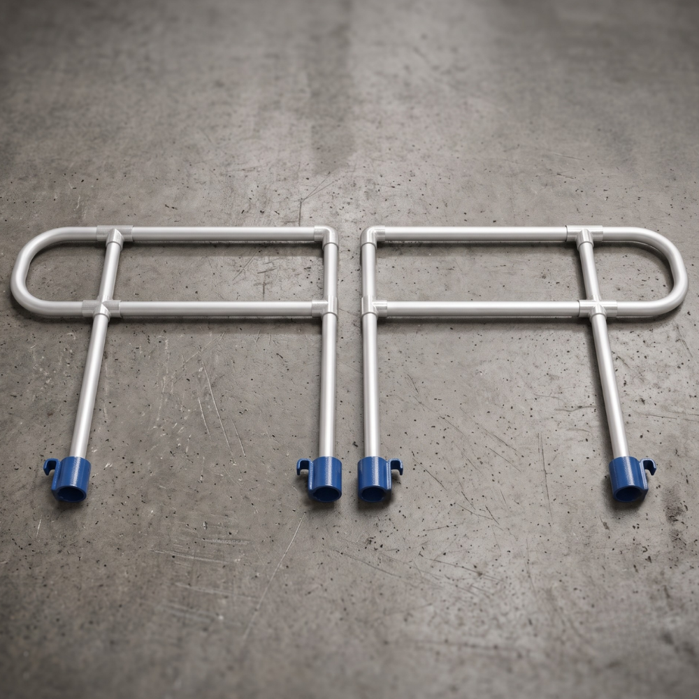 Heeve EasyRoll Modular Aluminium Rolling Ramp Handrail Kit displayed on a textured gray concrete floor.
