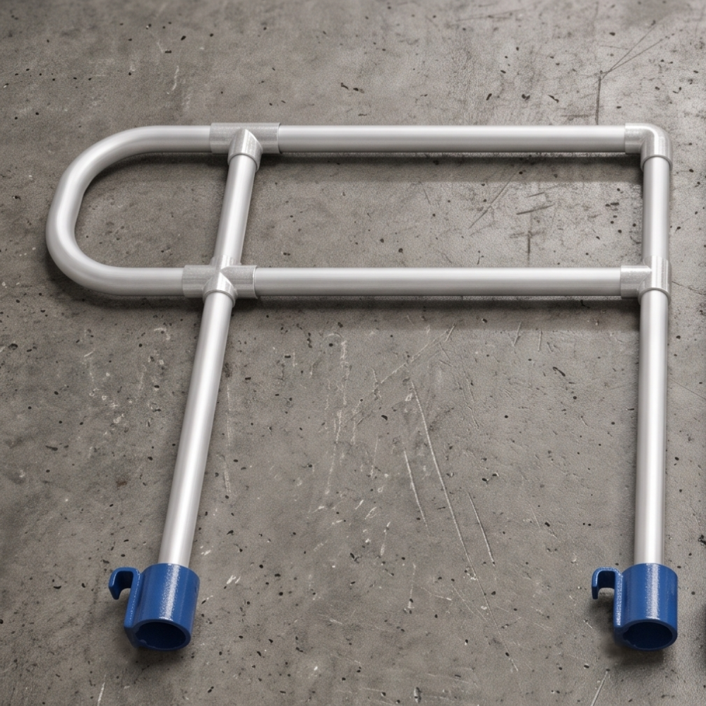 A silver metal U-shaped tubular guardrail or safety barrier with blue plastic end caps, photographed on a textured gray concrete floor.