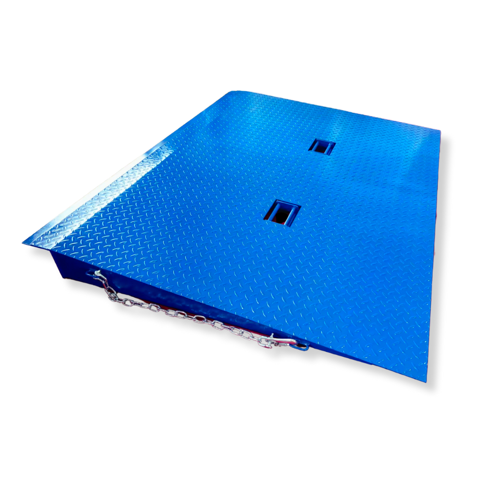 Blue steel container ramp angled on white background