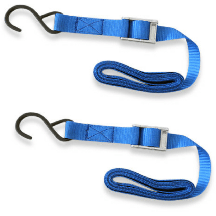 A pair of blue tie-down straps with hooks, included for securing the ramps during transport or use.