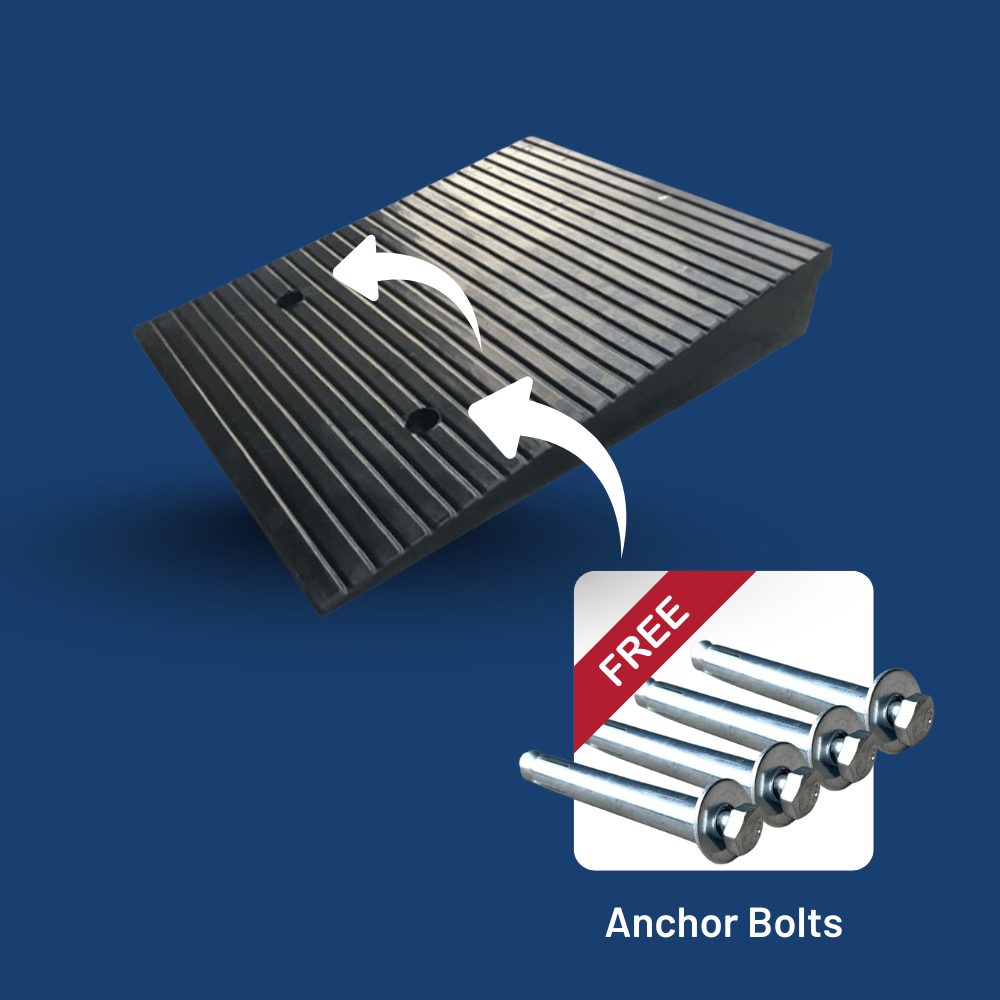 Black textured rubber ramp with arrows indicating installation on a blue background, featuring free anchor bolts.