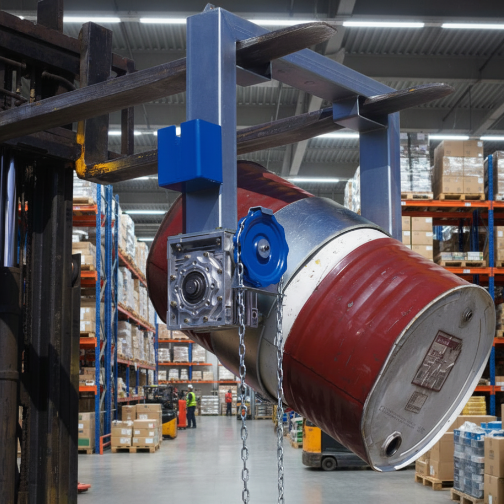 Red metal drum with a mechanical arm in a warehouse setting
