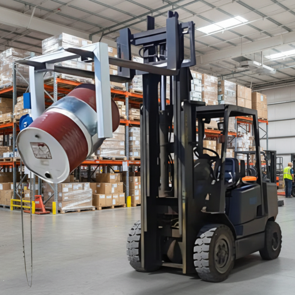 Forklift lifting a large red drum in a warehouse setting