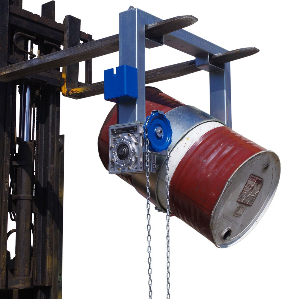 Red metal drum with a blue lifting device attached, on a white background
