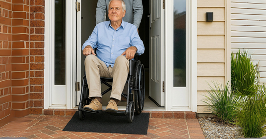 Man in a wheelchair being assisted by another person to exit a house.